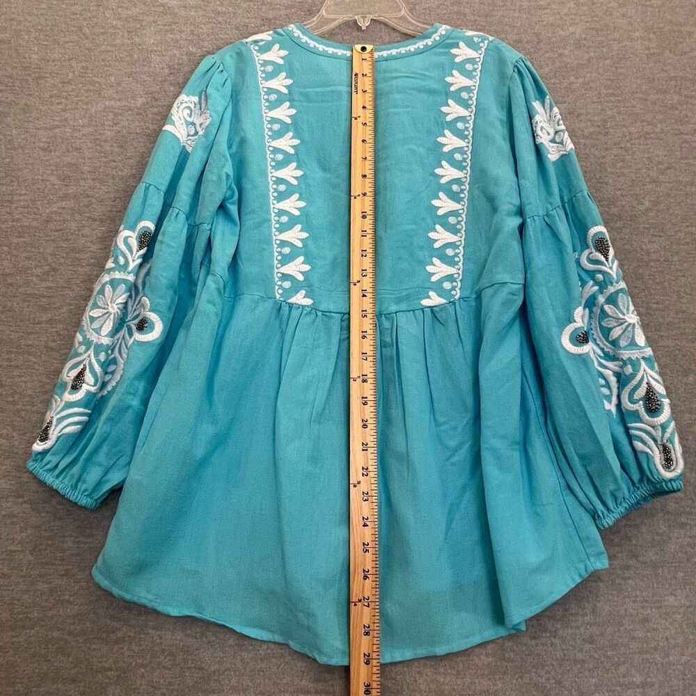 Soft Surroundings Boho Peasant Tunic Top Womens Medium Embroidered Beaded Blue - Picture 10 of 11